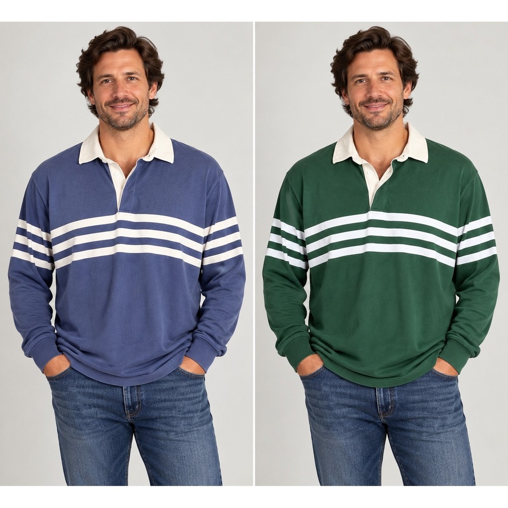 Lands End Rugby Shirts Mens XL Blue Green Striped Long Sleeve 2 Pack